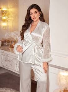 SHEIN X Garcia Sisters LuxeNights Luxury French Palace Style Lace Patchwork Furry Details Plus Size Pajama Set - White - View 3