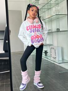 SHEIN Explorewe Tween Girls Street Style Two-Piece Set, Letter Print Hooded Sweatshirt And Leggings, Perfect For School And Outdoor Wear In Spring And Fall - White - View 2