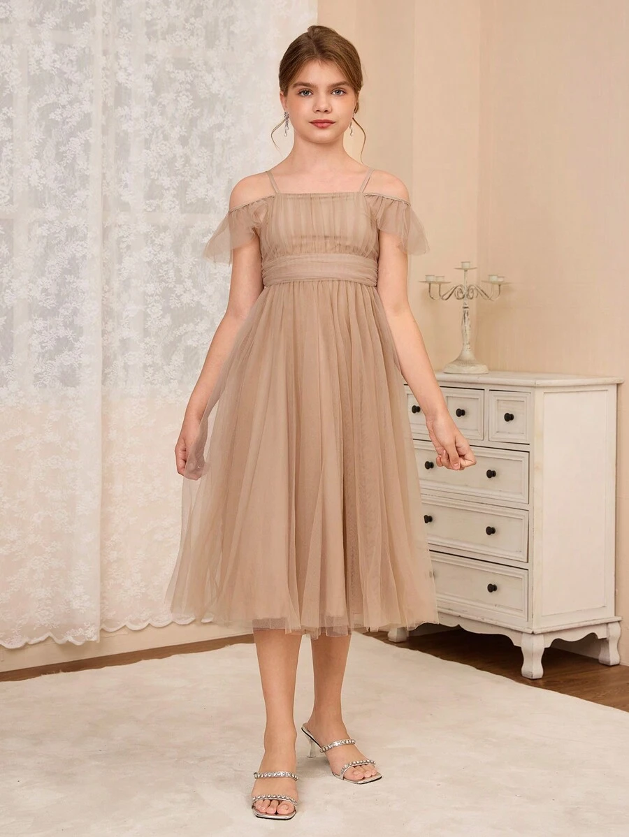 Tween Girls Elegant Spaghetti Strap Off-Shoulder Ruffled Sleeve A-Line Long Dress, Suitable For Weddings, Parties, Proms, Holidays And Events - Coffee - View 1