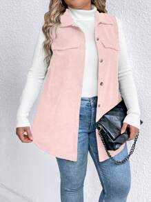 SHEIN LUNE Áo khoác không tay màu trơn cỡ lớn cài nút phía trước - Hồng - Xem 4