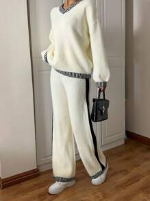 SHEIN Essnce 2 件女式条纹 V 领落肩长袖毛衣和针织裤套装，秋冬季休闲 - 黑與白 - 查看 6