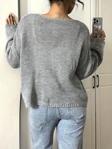 SHEIN Essnce 女士休闲纯色落肩宽松开衫配有可拆卸 3D 花朵女士开衫，秋冬 - 灰色 - 查看 2