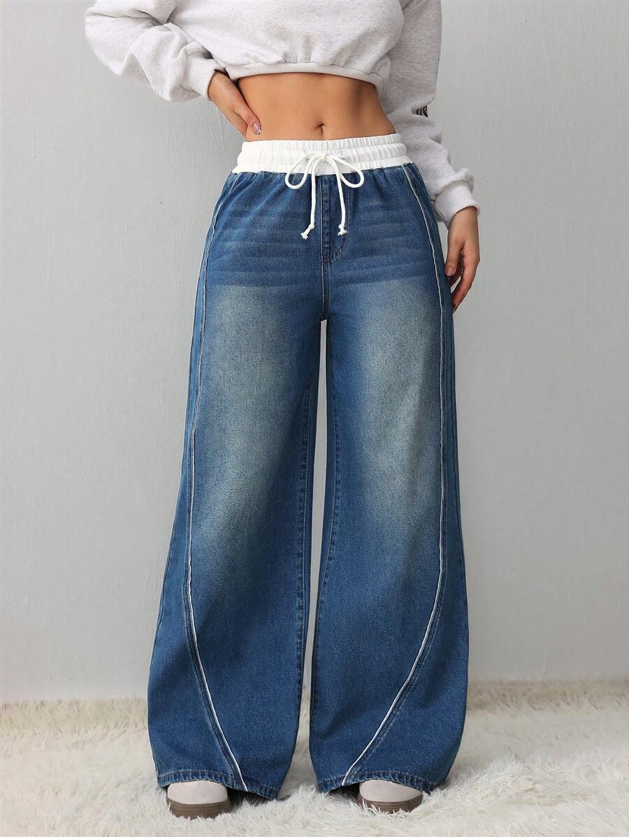 SHEIN Tall Women's Jeans Casual Loose Wide Leg Trousers Spliced ​​Waist Straight Pants Blue Tall Women's Jeans Sports Casual Pants Tall Women Pants Denim Jeans Tall Women Jeans Jeans Pants Low Rise Baggy Jeans Denim Jeans Pants - Dark Wash - View 1