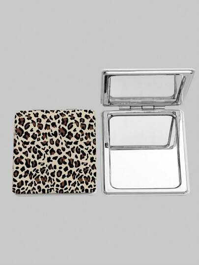 ROMWE Grunge Punk 1pc PU Leopard Print Double-Sided Folding Makeup Pocket Mirror, Portable, Creative Metal Mirror For Women/Students, Random Floral Pattern Design