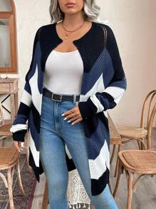 Calvaya Áo khoác cardigan dài tay rộng rãi kẻ sọc cỡ lớn cho nữ, mùa thu/đông - Màu xanh lam - Xem 4