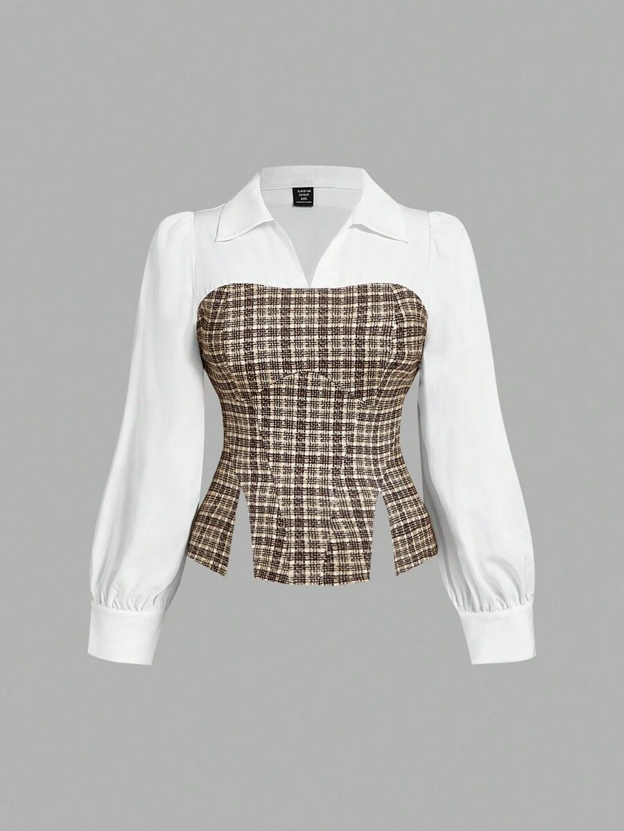 SHEIN MOD Plus Size Plaid Split Hem Patchwork Crop Top Shirt, Elegant For Work Commute - Multicolor - View 1