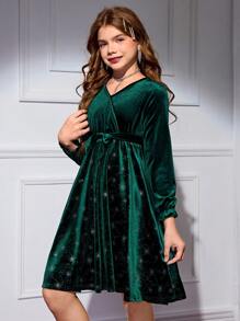 SHEIN Vestido de terciopelo con efecto de brillo en la cintura para niñas preadolescentes, elegante vestido de fiesta reflectante, adecuado para primavera, otoño y invierno/Navidad