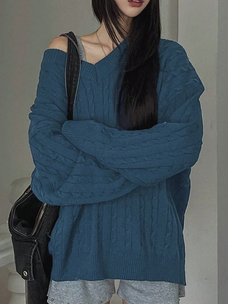 Women Solid Color Cable Knit V-Neck Blue Oversized Sweater,Fall Women Clothes