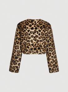 SHEIN MOD 1 件女士秋冬蓬蓬领豹纹长袖圆领外套、派对、新年前夜 - 咖啡棕 - 查看 5