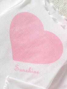 SHEIN 2pcs Baby Girl Cute Simple Heart & Cloud Pattern Ruffled Trim Round Neck Long Sleeve Top And Pants Soft Comfortable Pajama Set, Suitable For Daily Wear, Events, Holidays And Family Gatherings - Pink - View 4