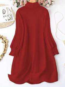 SHEIN Unity Plus Size Women Beige High Neck Button Decor Drop Shoulder Loose Elegant Sweater Dress, Suitable For Autumn And Winter - Burgundy - View 2