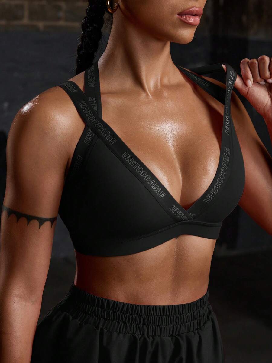 Powerista Women Letter Jacquard Open Back Everyday Fitness Sports Bra