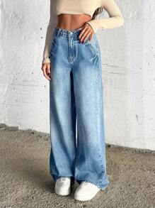 SHEIN Cottnline Hıgh Waist Wash Detailed Wideleg Jean - Medium Wash - View 4