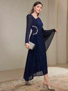 Modelyn 1pc Women's Asymmetrical Neckline Pleated Flare Sleeve Glitter Long Dress Long Evening Dresses