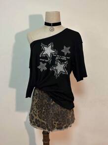 Attitoon Camiseta feminina vintage casual com efeito jeans e estampa de estrela e ombros caídos - Preto - Ver 3