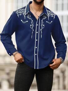 Manfinity Homme Plus Size Men's Button-Front Graphic Print Casual Long Sleeve Shirt - Navy Blue - View 3