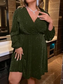 Allurite Plus Size V-Neck Crisscross Wrap Elegant Long Sleeve Dress