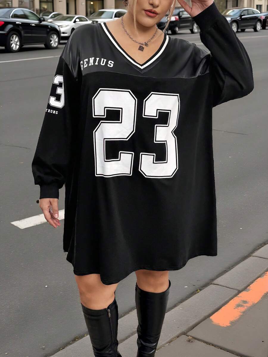 SHEIN CURVE+ Plus Size Letter Print Sweatshirt Dress, Suitable For Outing And Christmas - Black - View 1