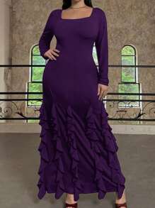 SHEIN Privé Elegant Plus Size Fitted Long A-Line Dress, Square Neck Long Sleeve, Ruffle Hem Design, Suitable For Commuting, Dating, And Concerts