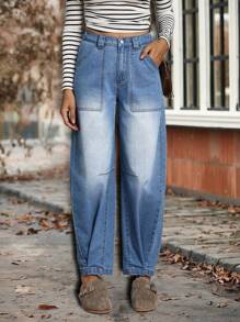 SHEIN LUNE Women's Simple Front Button Pockets Casual Jeans, For Everyday Wear - Blue - View 1