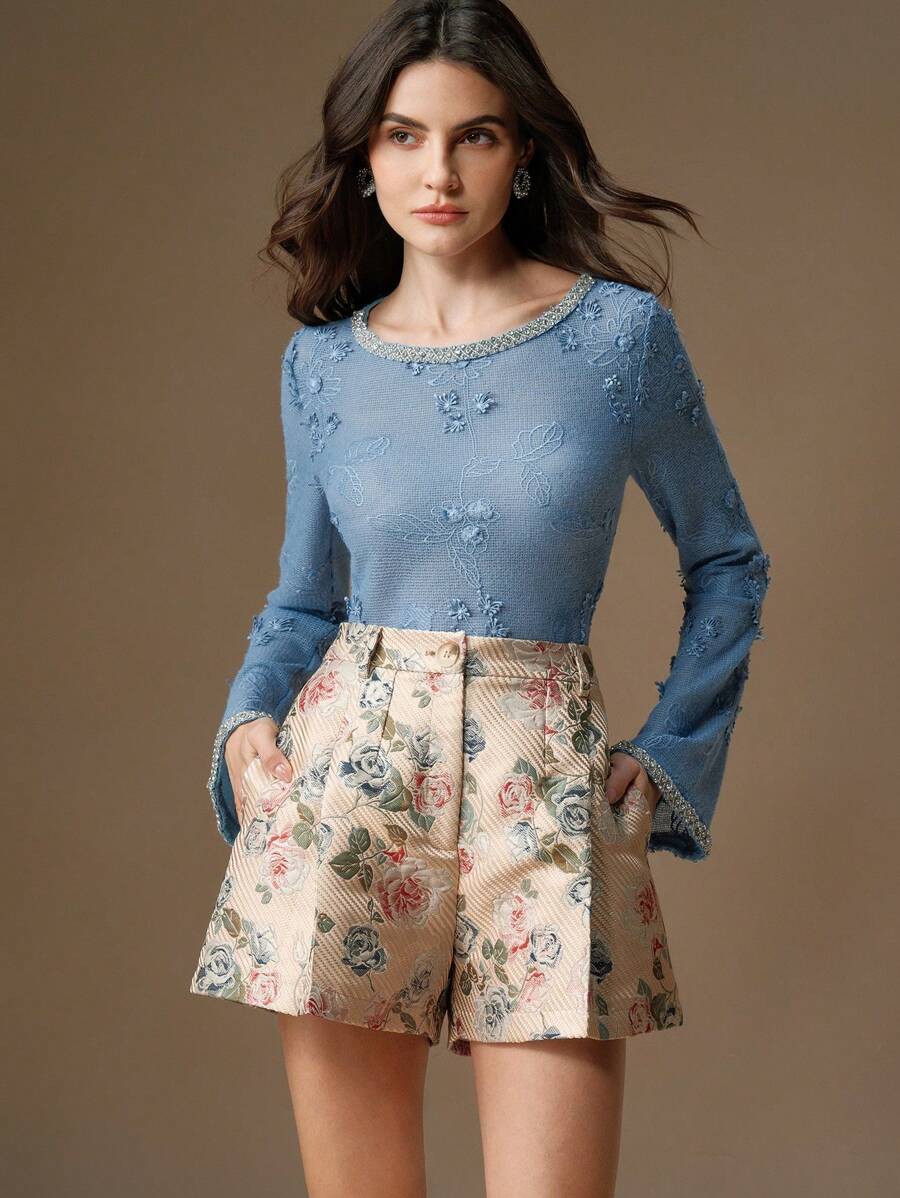 Anewsta Quần short ống rộng chữ A cạp cao xếp ly thêu cho nữ - Màu be - Xem 1