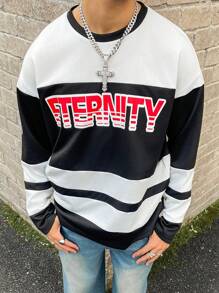 PAVTROS Manfinity Streetrush Men Colorblock Stripe & Letter Graphic Print Crew Neck Casual Everyday Long Sleeve T-Shirt, Street Wear, Boyfriend Gift