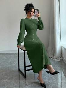 Elenzga 优雅纯色灯笼袖腰收腰长款毛衣连衣裙，秋冬 - 綠色 - 查看 6