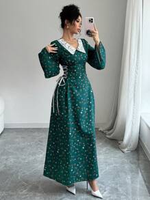 Modelyn 女士花卉印花蕾丝嵌花系带长袖连衣裙 - 綠色 - 查看 5