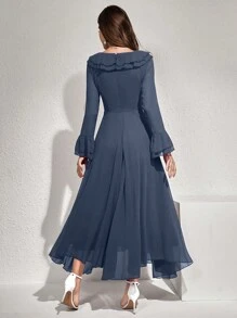 Modelyn Solid Color Ruffle Trimmed Decor Belted Dress, Elegant Evening Party Dress - Blue - View 2