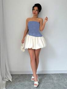 Elenzga Set de 2 vestidos cortos de cintura baja con bloque de color, sin tirantes y fruncidos