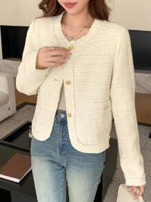 DAZY 纯色圆领流苏边女式休闲夹克，秋季服装 - 白色 - 查看 6