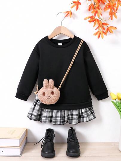 SHEIN Elladie kids 年轻女孩休闲二合一格子圆领套头衫女婴连衣裙黑色女婴连衣裙女婴长袖连衣裙