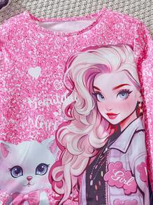 Sparklyn 2pcs/Set Tween Girl Cat Print Long Sleeve T-Shirt & Blue Flared Pants, Cute Look - Multicolor - View 3