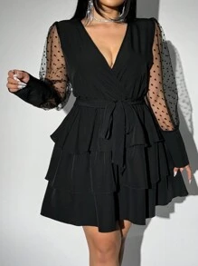 Viva Relle Vestido de manga larga con contraste de malla para tallas grandes - Negro - Ver 6