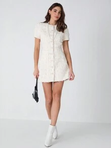 Enchnt Spring/Summer Romantic  Women's Apricot Exquisite Flower Pearl Button Decor Pocket Short Sleeve Fancy Yarn Tweed Mini Dress,Sweet&Elegant Outfit For Sweet Date Night &Wedding Guest Dress Women &Holiday & Graduation Dress&Daily Commuting&Vacation&Garden Parties & Concert Outfit Women