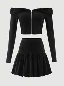 SHEIN Explorewe Teen Girl Fashion Shaggy Off-Shoulder Two-Piece Set, College Style, Autumn/Winter - Black - View 3