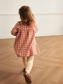 SHEIN Girls Spring/Autumn Peter Pan Collar Long Sleeve Plaid Princess Dress - Red - View 2