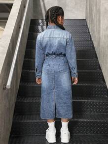 Sparklyn Tween Girl 水洗蓝色开叉休闲修身牛仔连衣裙，简约时尚的设计，适合日常穿着 - 中等水洗藍 - 查看 2