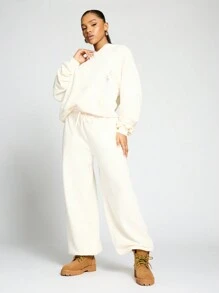 SUMWON WOMEN Cozy Fleece Wide Leg Jogger Pants With Drawstring Elastic Waist Athleisure Loungewear Casual Athletic Winter Fall Sweatpants - White - View 5