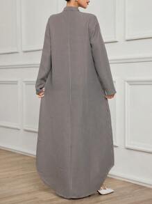 Al Najma 女式宽松长款千鸟格印花漏斗领不对称下摆长款阿拉伯连衣裙，休闲朴素长袖阿拉伯连衣裙，适合日常休闲 - 咖啡棕 - 查看 2