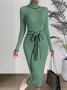 SHEIN Clasi 1pc Women's Belted Colorblock Trim Fitted Long Sleeve Knit Sweater Dress - Green - View 6