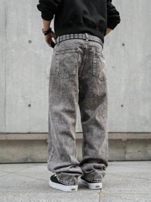 Claim Dot Men'S Contrast Stitching Slanted Pocket Baggy Denim Jeans - Light Grey - View 2