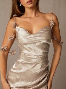L'Amorae Champagne Cowl Neck Metallic Floral Detail With Flower Shoulder String Slim Maxi Party Dress - Pink - View 1