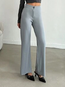 EURMUSE Women's Solid Mid Rise Flare Leg Pants - Grey - View 3