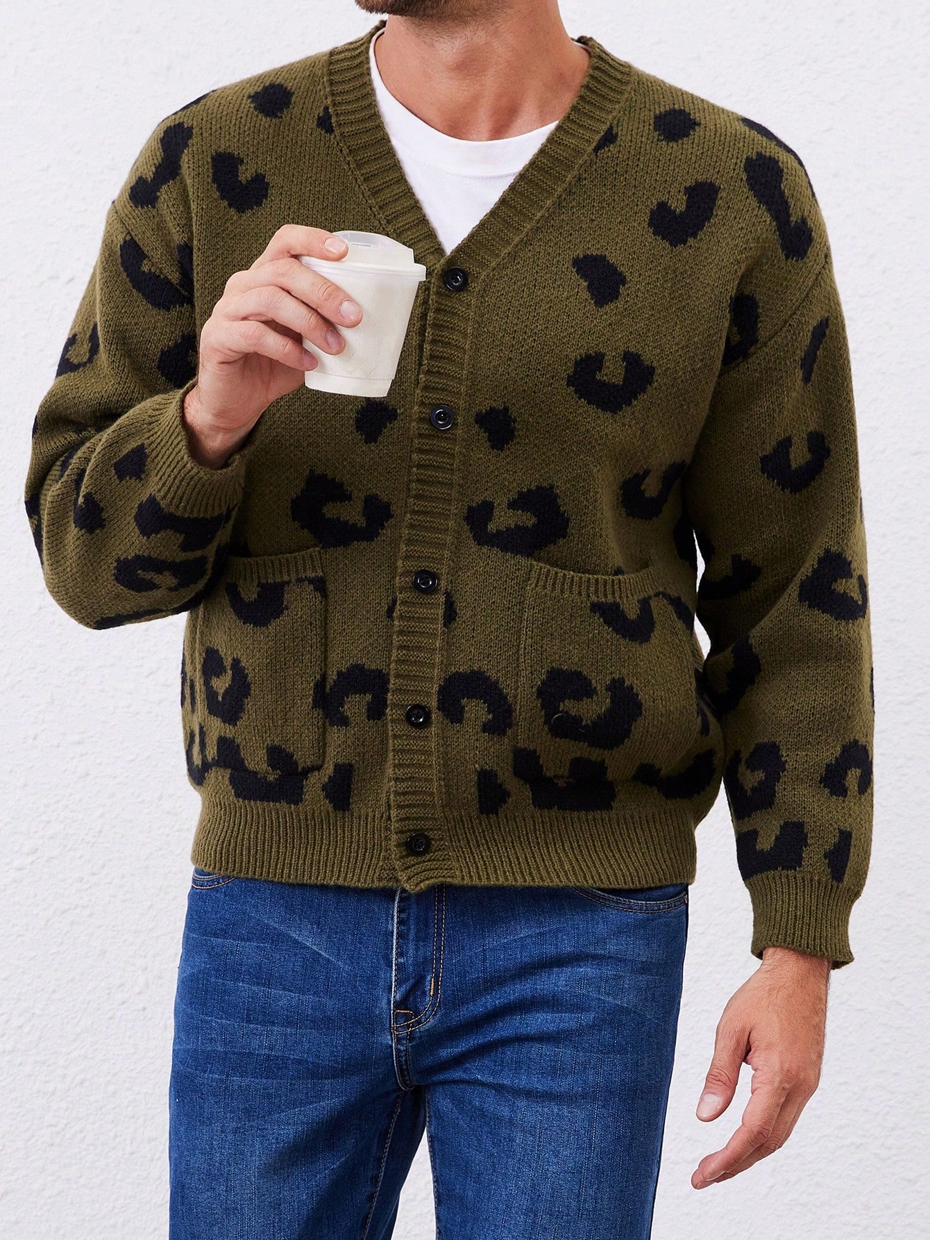 Manfinity Dauomo Men's Leopard Print Long Sleeve Casual Pocket Knit Cardigan, Autumn/Winter