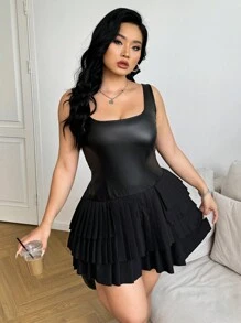 SHEIN EZwear Vestido negro de cuello cuadrado con capas sin mangas talla grande - Negro - Ver 1