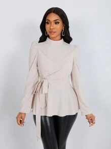 SHEIN Clasi Women Elegant Solid Puff Sleeve Tie-Wrap Shirt, Autumn Peplum Top