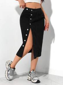 SHEIN PETITE Women's Single-Breasted Midi Length Casual Versatile Denim A-Line Skirt