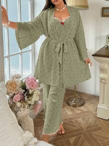 CottageSlumber Plus Size Cherry Print Spaghetti Strap Top & Pants & Robe 3pcs Loungewear Set, Cozy And Elegant Details, Clothes, Fall & Winter - Green - View 5
