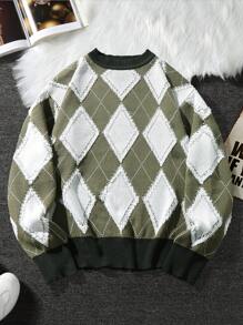 Claim Dot Men's Casual Loose Fit Drop Shoulder Rhombus Pattern Knitted Plaid Pullover Graphic Color Block Long Sleeve Green Sweater, For Vacation, Friends - Multicolor - View 1